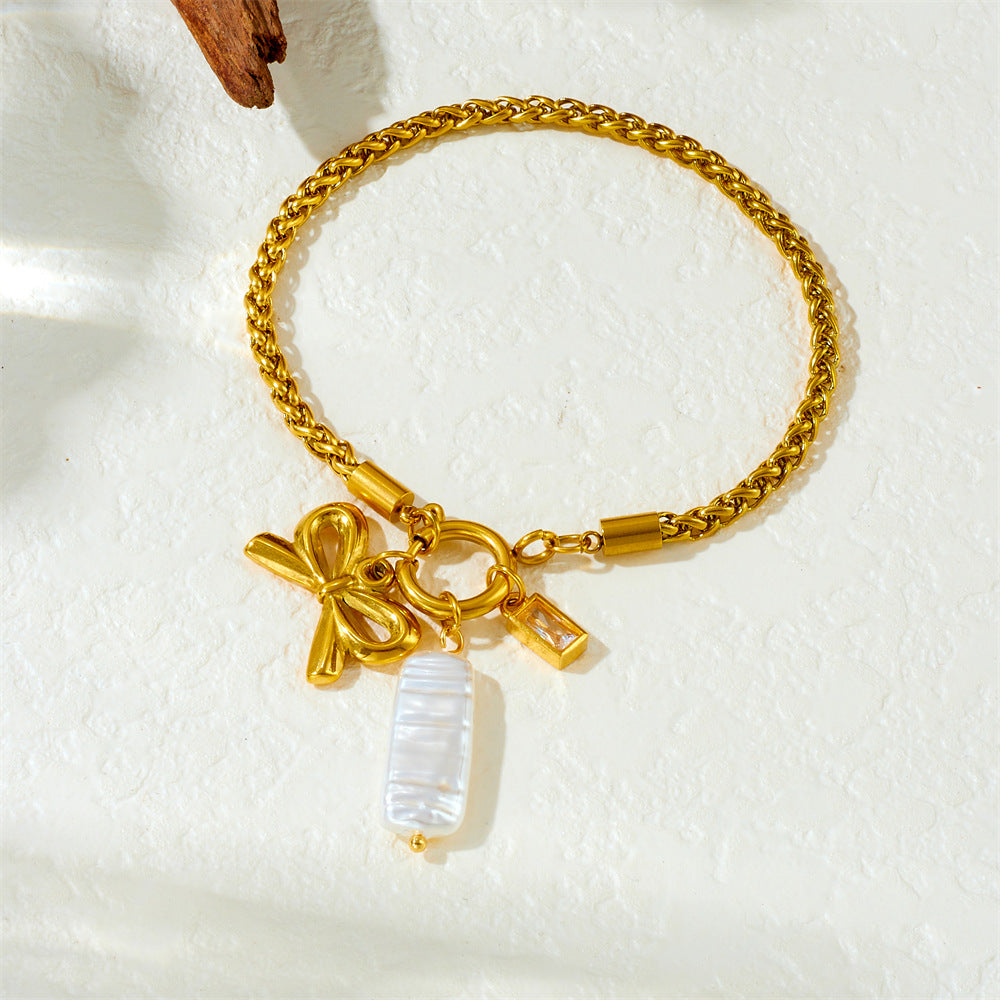 Minimalist Elegant Gold Plated Rope Chain Stainless Steel Bracelet with Shell Bow Pendant