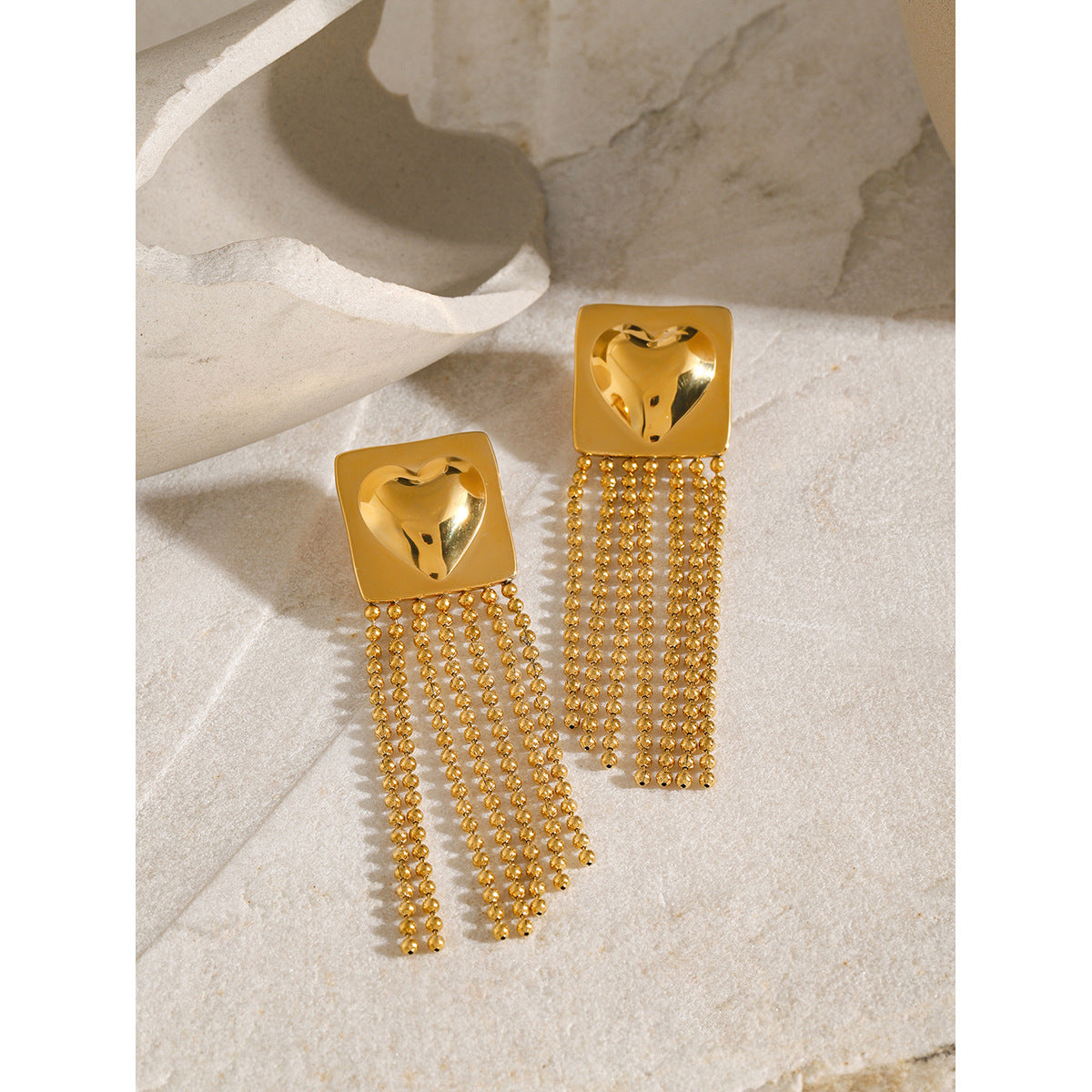 18K Gold Plated Stainless Steel Square Heart Tassel Earrings