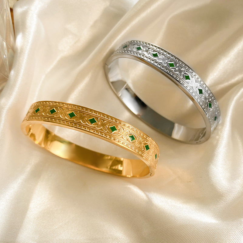 Vintage Geometric Green Cubic Zirconia Inlay Titanium Steel Cuff Bracelet