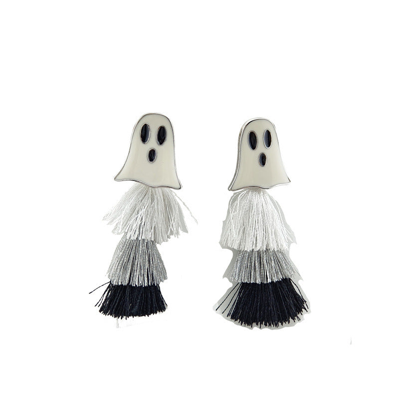 Pendientes de aleación con colgante de fantasma espeluznante con borlas en blanco, negro y gris para Halloween, galvanizados, estilo unisex dulce y atrevido