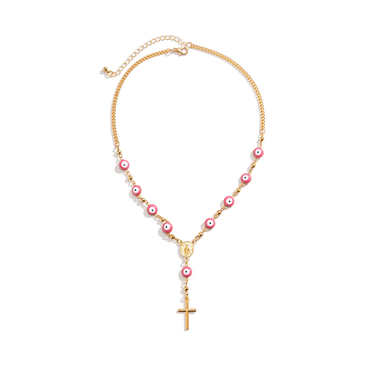 Bohemian Vintage Evil Eye Cross Pendant Alloy Plated Necklace with Curb Chain for Women