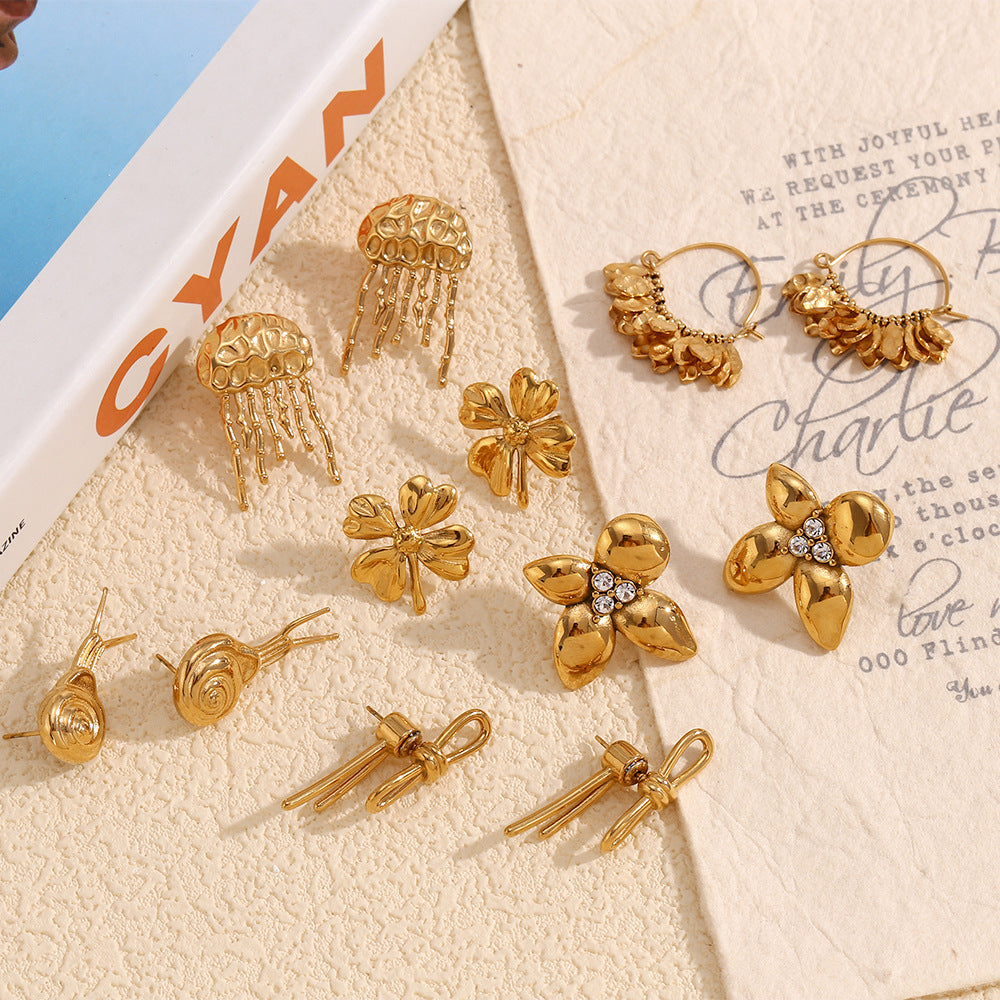 Vintage-Inspired Floral Snail Pendant Earrings in Stainless Steel with 18K Gold Plating for Women