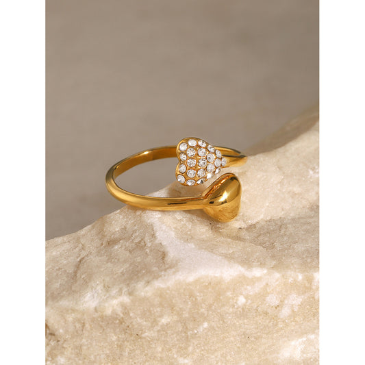 Minimalist 18K Gold Plated Heart Stainless Steel Ring with Rhinestone Open Design for Women