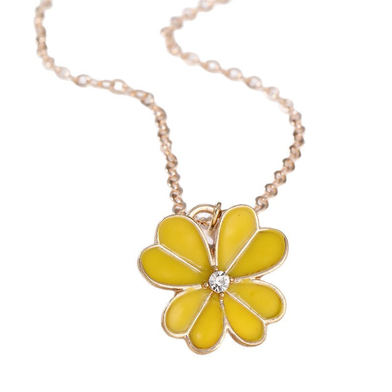 Collar con colgante esmaltado con forma de lazo floral dulce para niñas con dije de aleación y detalles de pedrería