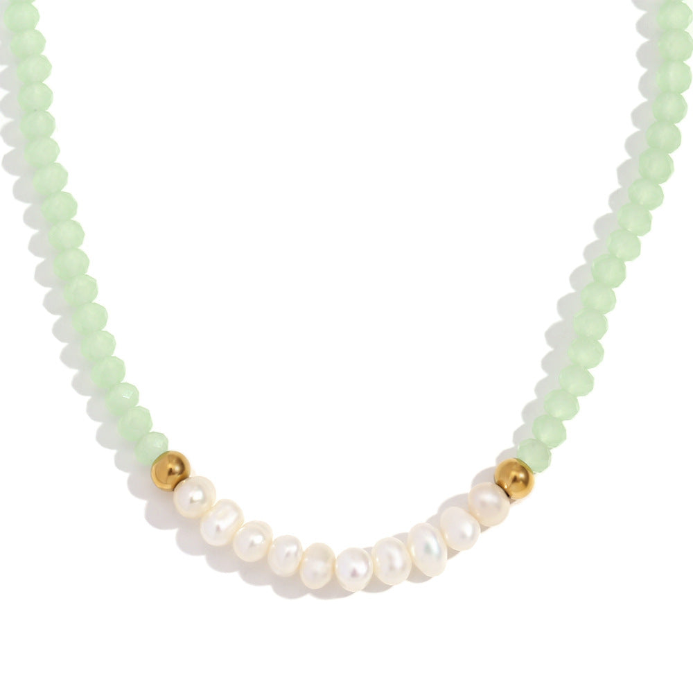 Minimalist Geometric Stainless Steel Pendant Necklace with Ten Freshwater Pearls and Green Faceted Crystals, Electroplated Finish