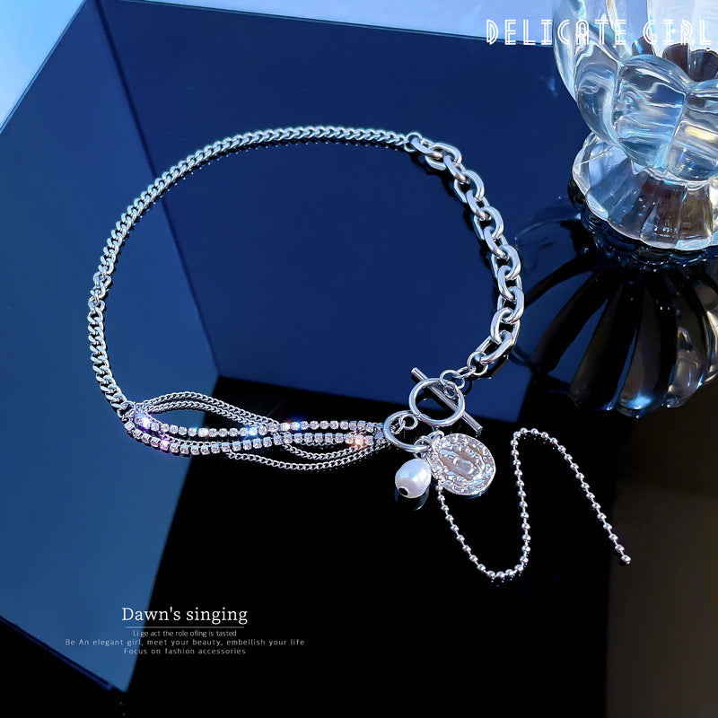 Cartoon-Style T-Shaped Clasp Necklace with Rhinestone Inlay and Pearl Pendant in Titanium Steel for Women