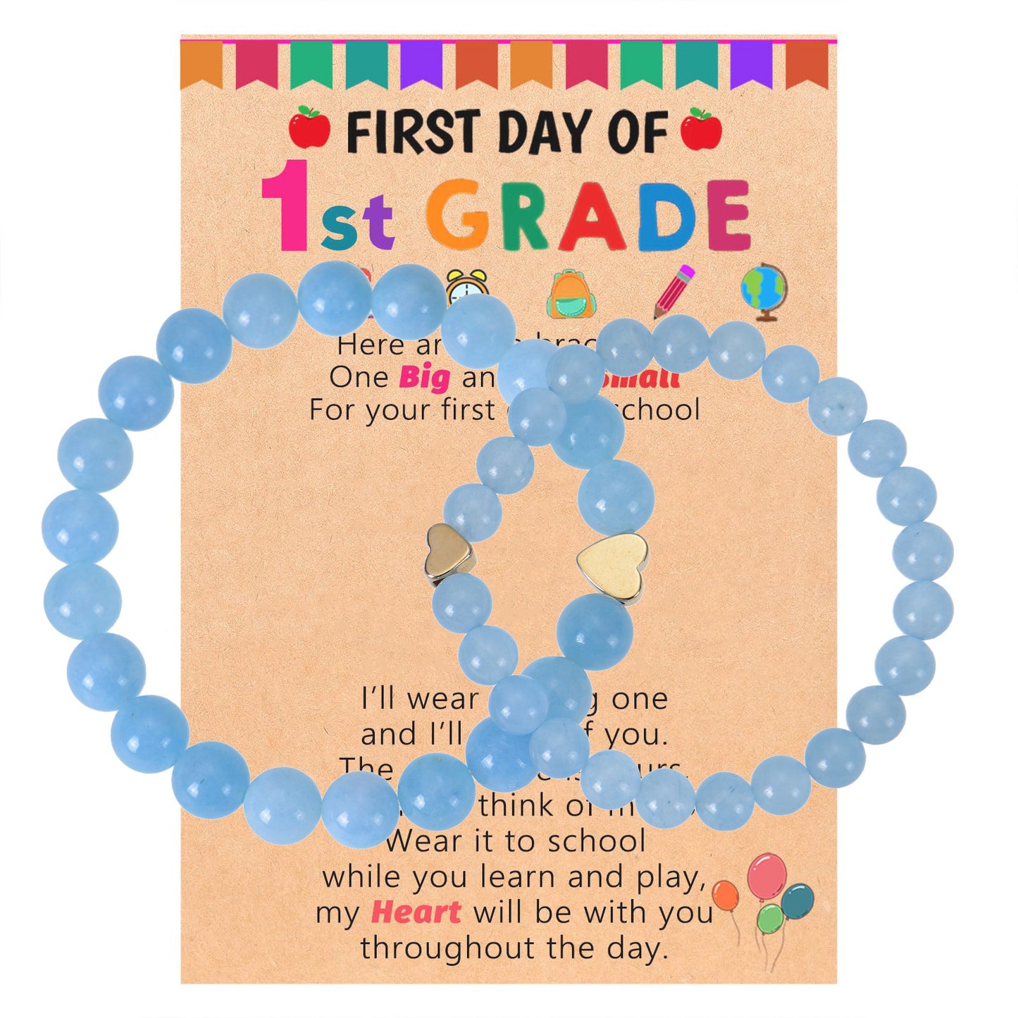Natural Stone Crystal Amazonite Heart Round Bracelet Set with Grade Cards for Women Girls Back to School Gift