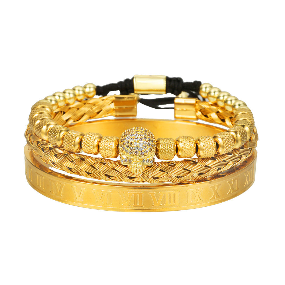 Personalized Double Leopard Head Black Agate Micro-set Cubic Zirconia Brass Stainless Steel Bracelet Set