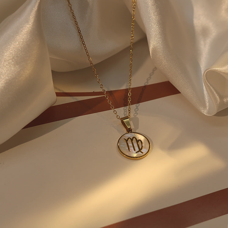 Collana con ciondolo zodiacale in stile INS in acciaio inossidabile con placcatura in oro 18 carati, catena a onda d'acqua, da donna