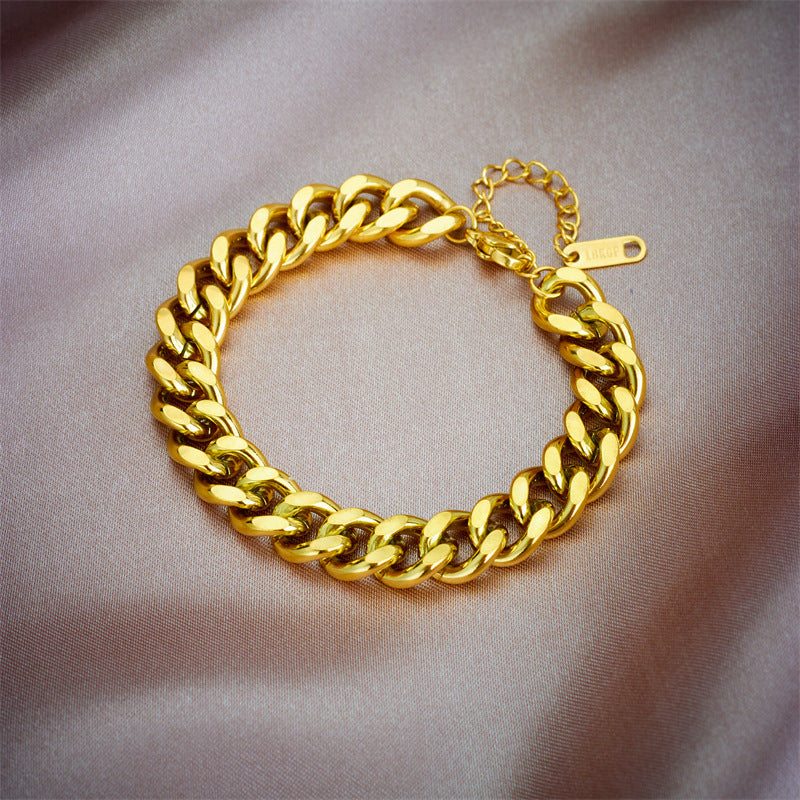 Retro Punk Style Gold-Plated Titanium Steel Necklace and Bracelet Set with Minimalist Chain Design for Women