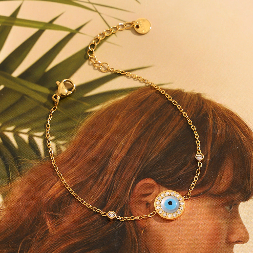 Vintage Fashionable Geometric Stainless Steel Plated 18K Gold Enamel Round Eye Bracelet for Women