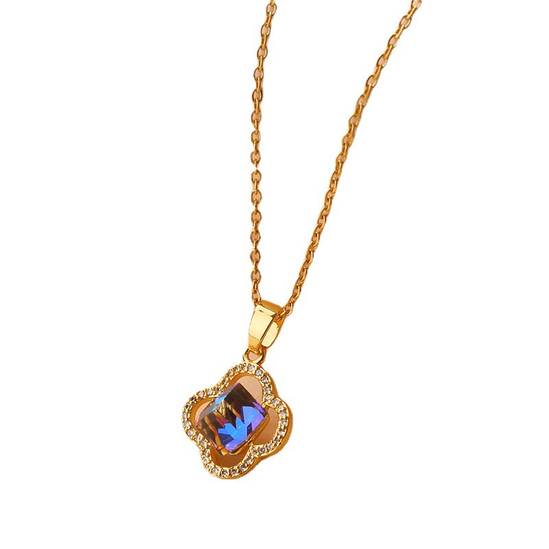 Minimalist 18K Gold Plated Titanium Steel Four-Leaf Clover Blue Crystal Pendant Necklace Water Wave Chain