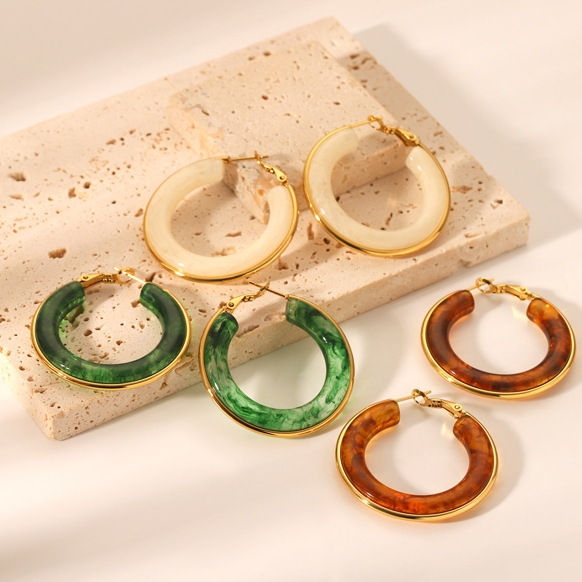 Vintage French Style Geometric Stainless Steel Plated Hoop Earrings for Women with Resin Accents