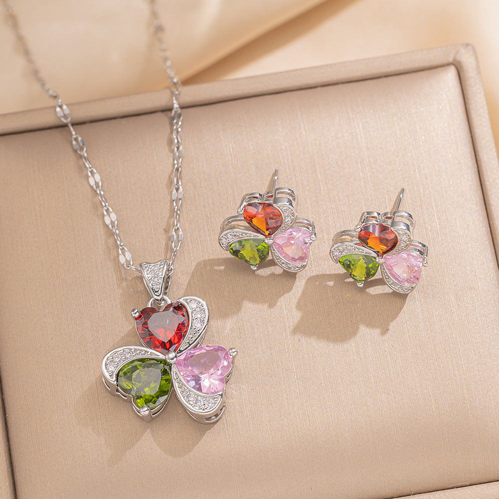 Elegant Minimalist Heart-Shaped Titanium Steel Necklace and Earrings Set with Rhinestone Inlay for Women
