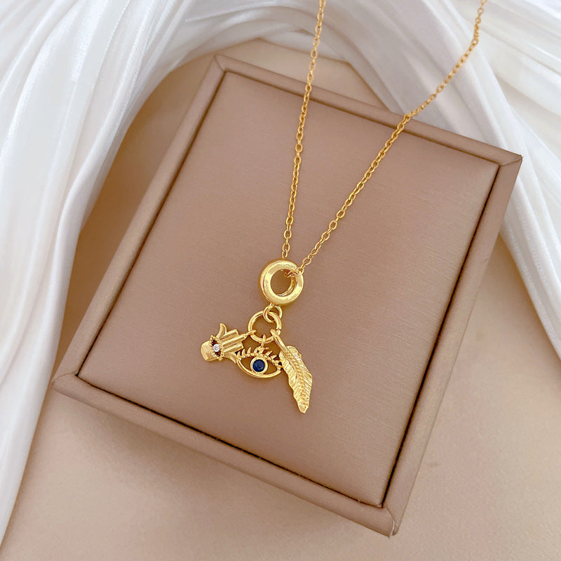 Collana con ciondolo di lusso Sweet Leaf Evil Eye con strass in acciaio inossidabile con catena a collare in rame