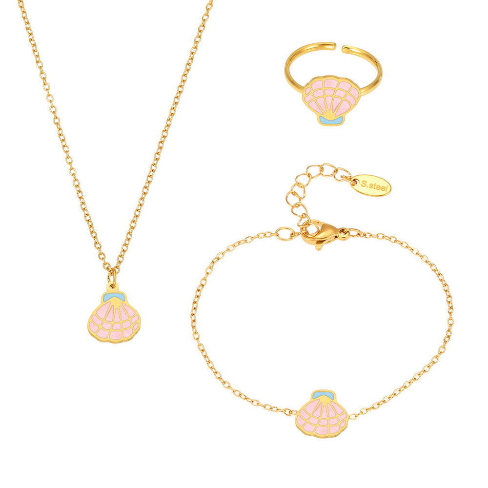 Cute Pink Enamel Princess Dress Necklace Set for Kids with Stainless Steel Chain and Titanium Steel Pendant