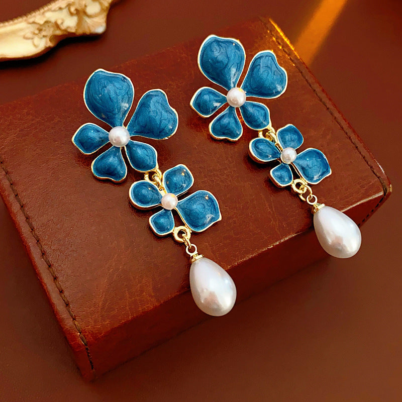 Chic Floral and Geometric Square Pearl Stud Earrings with Rhinestone Inlay and 925 Sterling Silver Posts