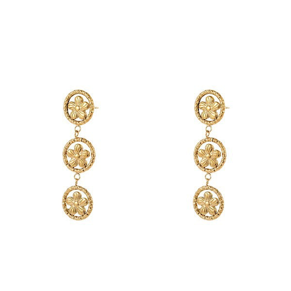 Pendientes largos de acero inoxidable con diseño geométrico y flor, chapados en oro de 18 quilates para mujer