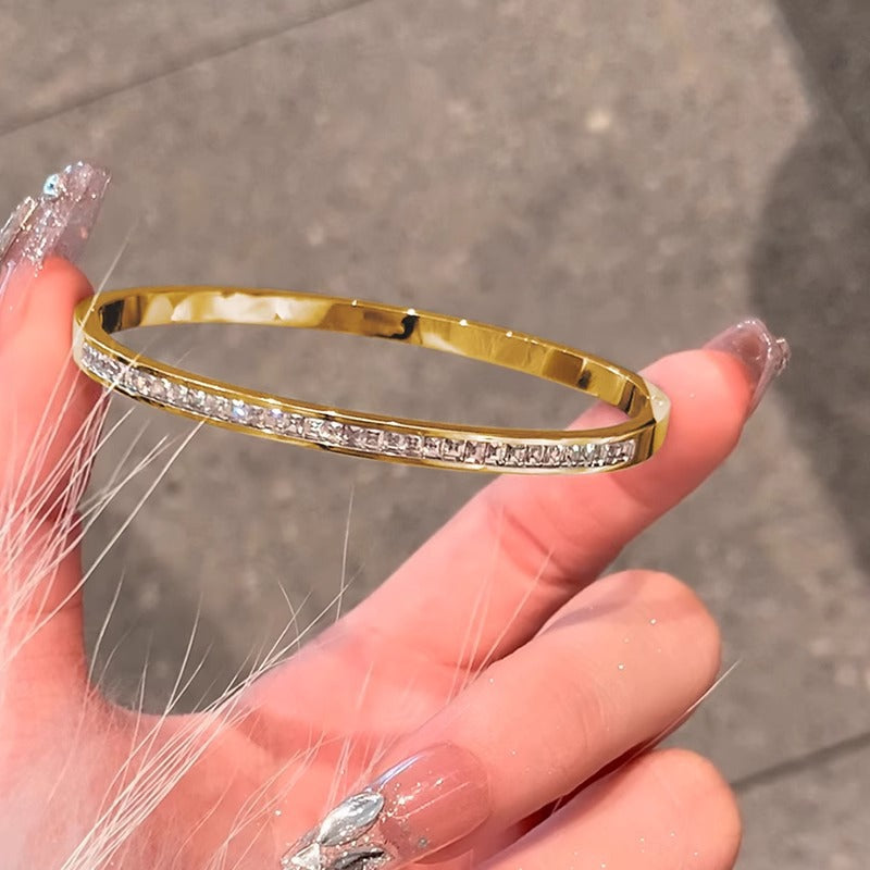 Minimalist Geometric Titanium Steel Plated Bracelet with Full Rhinestone Accents for Women