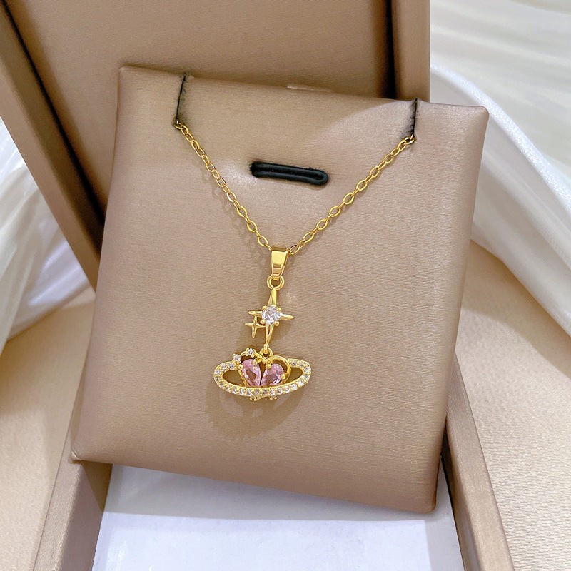 Minimalist Heart Starburst Pendant Necklace for Women in Titanium Steel with Rhinestone Inlay on Delicate Clavicle Chain