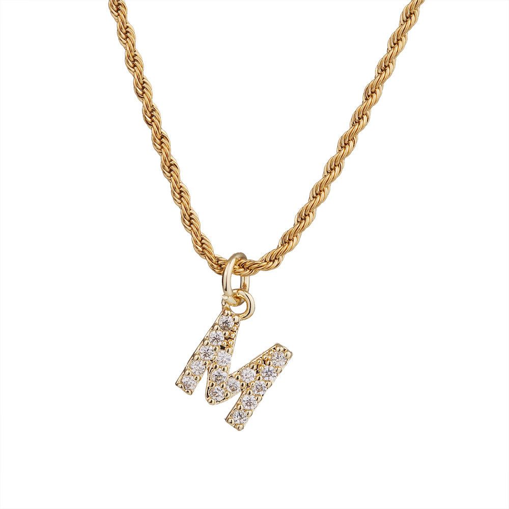 Collar con colgante de letra para mujer, minimalista, de moda, cadena trenzada de acero inoxidable con baño de oro e incrustaciones de circonita