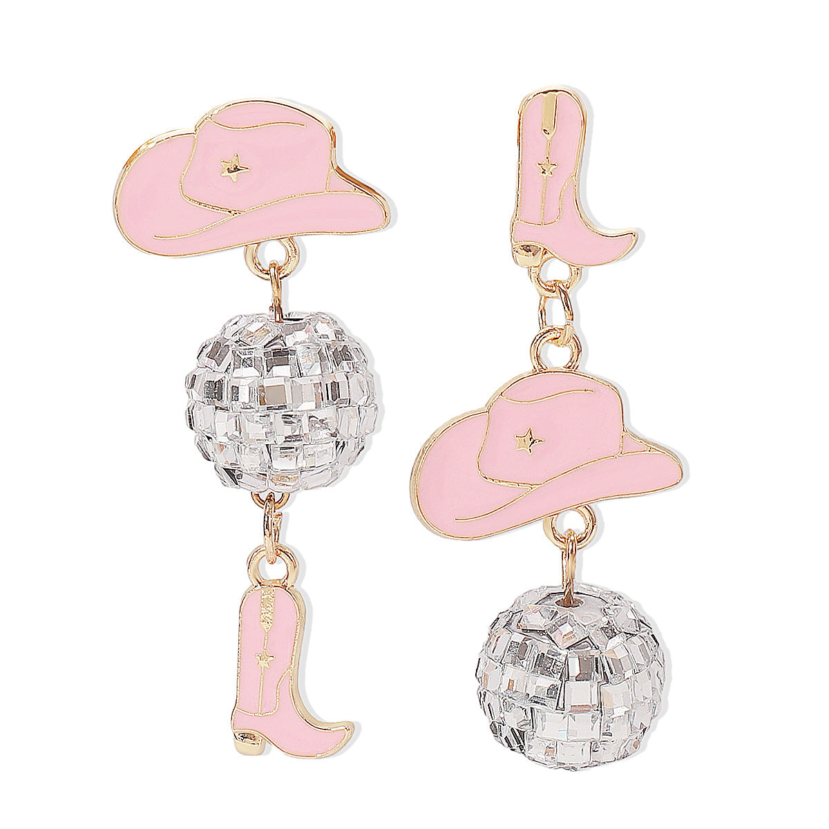 Sweet-Edgy Asymmetrical Oil-Dripped Cowboy Western Style Earrings with Hat and Boot Motifs and Ball Accents in Alloy