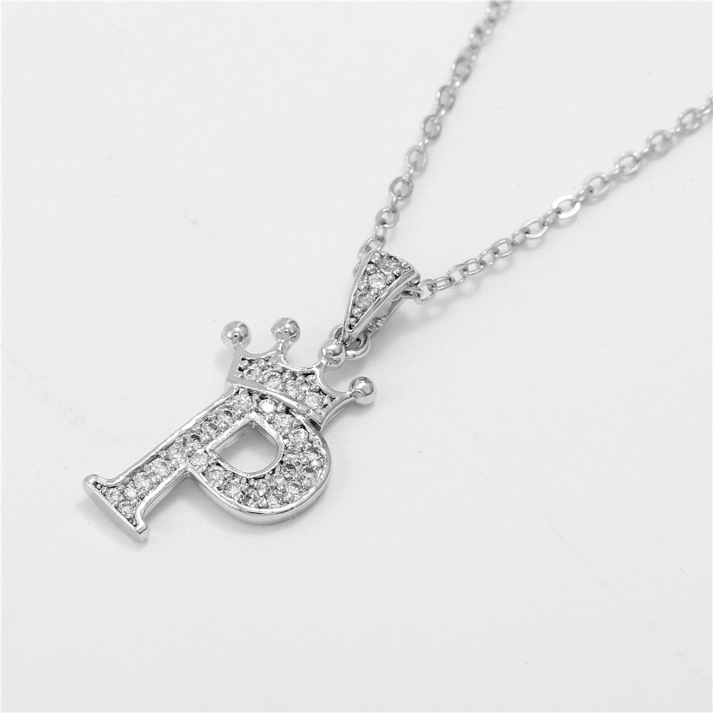 Minimalist White Gold Plated Crown Letter Pendant Necklace with Micro-Pave Cubic Zirconia for Women
