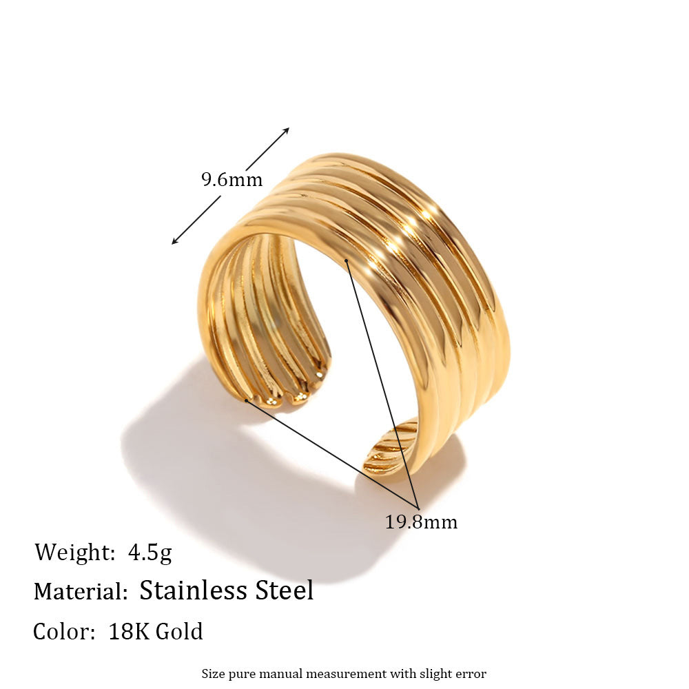Minimalist Geometric Stainless Steel Plated 18K Gold Vintage Open-End Multi-Layer Striped Ring for Women