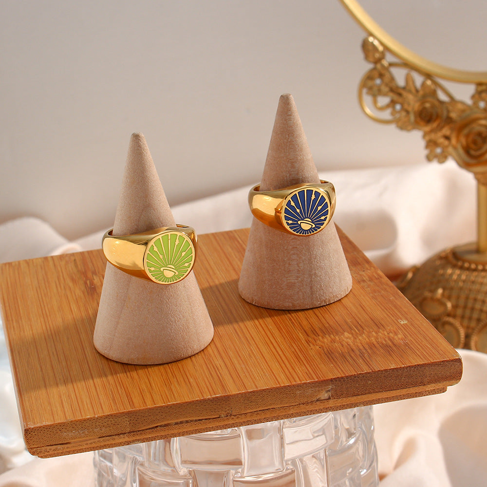 Anillo de mujer de esmalte con diseño de universo y planeta, chapado en oro de 18 quilates, de acero inoxidable geométrico, de inspiración vintage