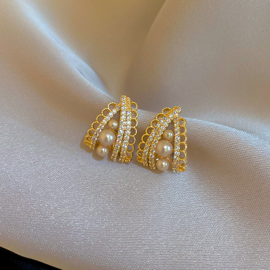 Orecchini a perno eleganti con perle geometriche e inserti in zirconia, per donna, gioielli minimalisti di moda per tutti i giorni