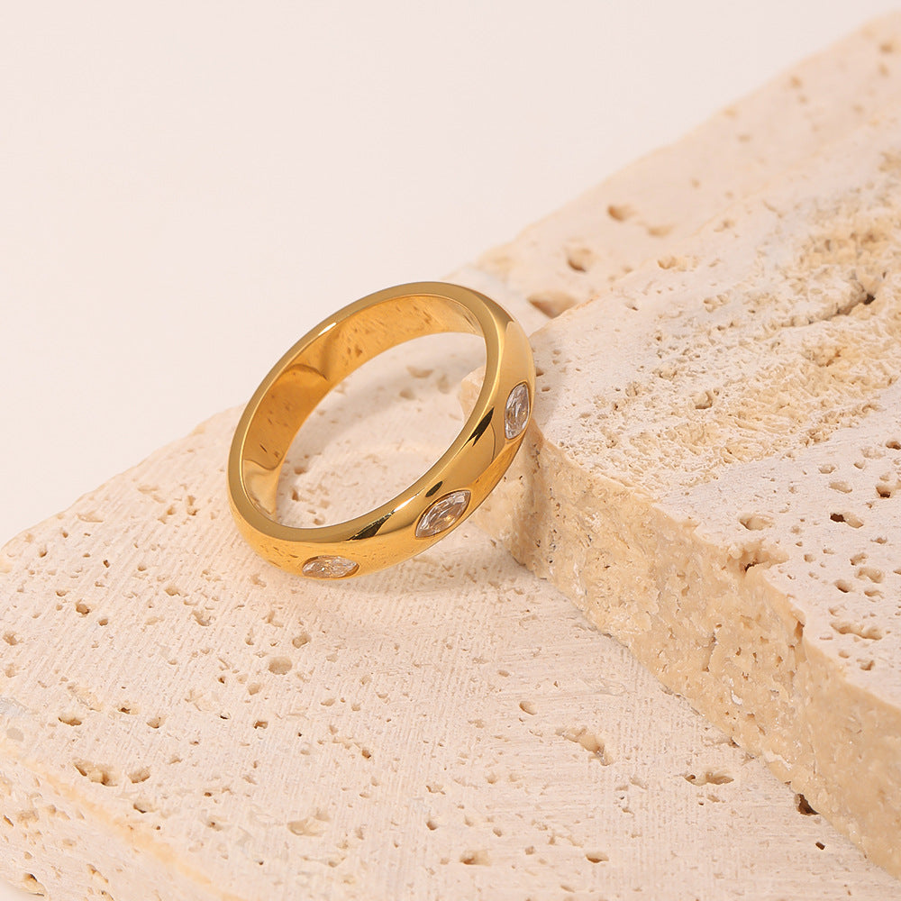 Ins Style Geometric Round White Zircon Ring 18K Gold Plated Stainless Steel Jewelry for Women