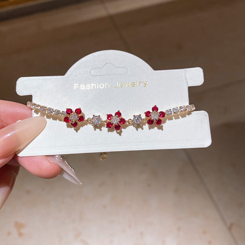 Sweet Square Floral Brass Bracelet with Cubic Zirconia Inlay for Women