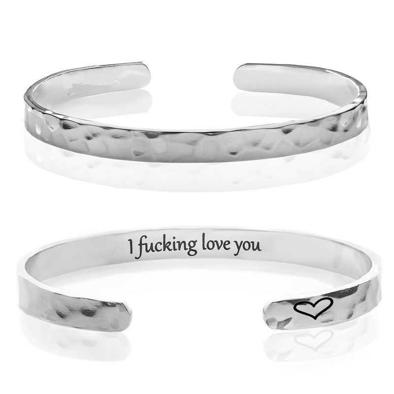 Minimalist Stainless Steel Engraved Open Moon Surface Textured Hammered Bracelet