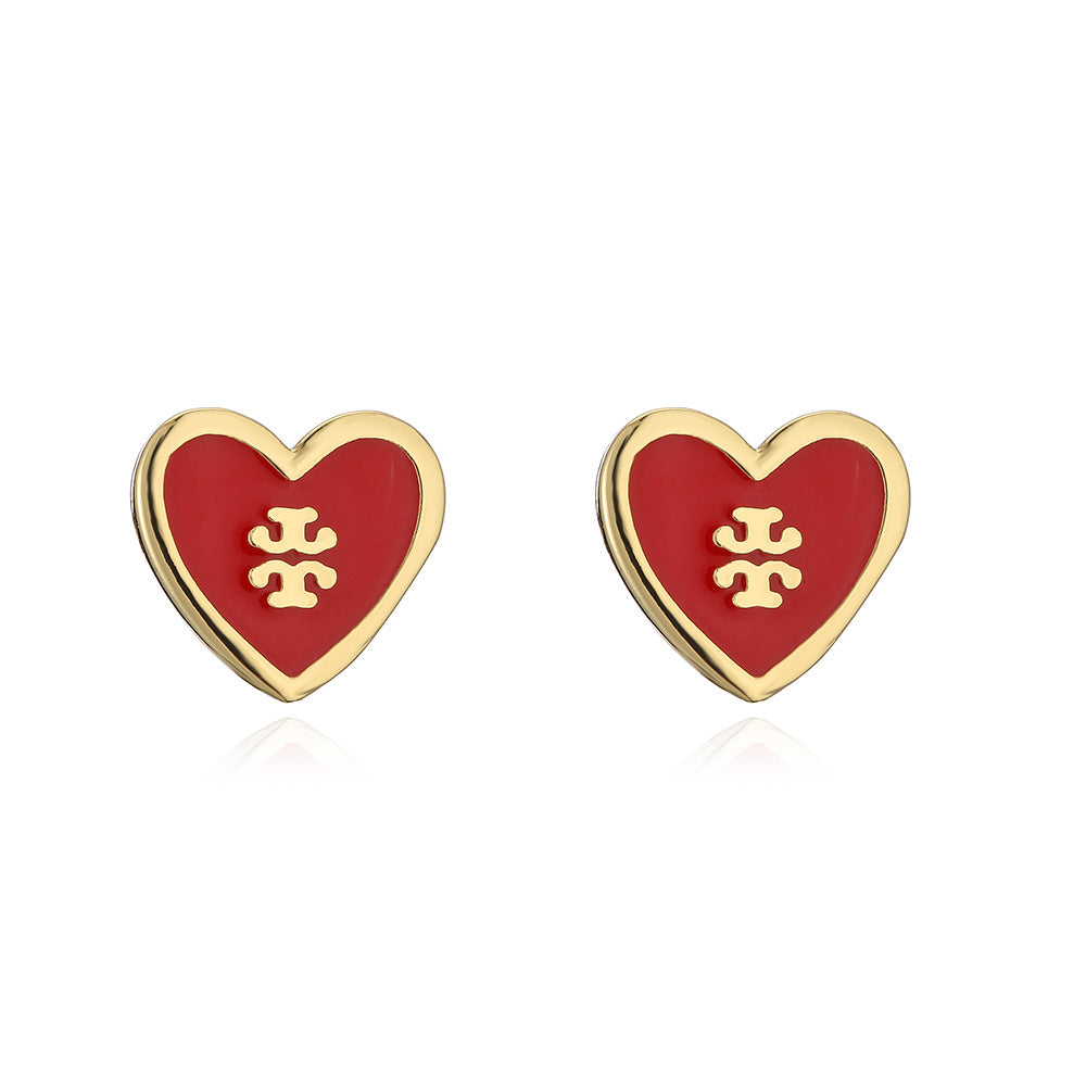 Vintage Ins Style 18K Gold Plated Enamel Heart Geometric Copper Stud Earrings for Women