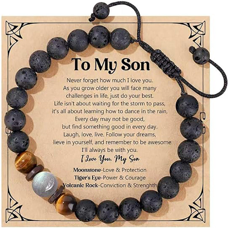 Unisex Handmade Braided Volcanic Stone Bracelet with Tiger Eye and Moonstone Beads Adjustable Geometric Round