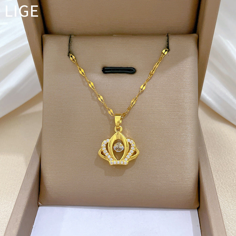 Sweet Minimalist Gold Plated Geometric Rhinestone Inlay Titanium Steel Necklace with Brass Pendant