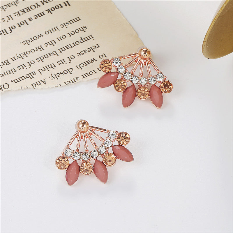 Minimalist Sweet Rose Gold Plated Alloy Teardrop Leaf Earrings with Rhinestone Inlay for Women