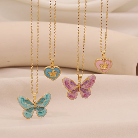Collar de Mariposa Esmaltado Vintage con Cadena de Acero Inoxidable en Forma de Corazón