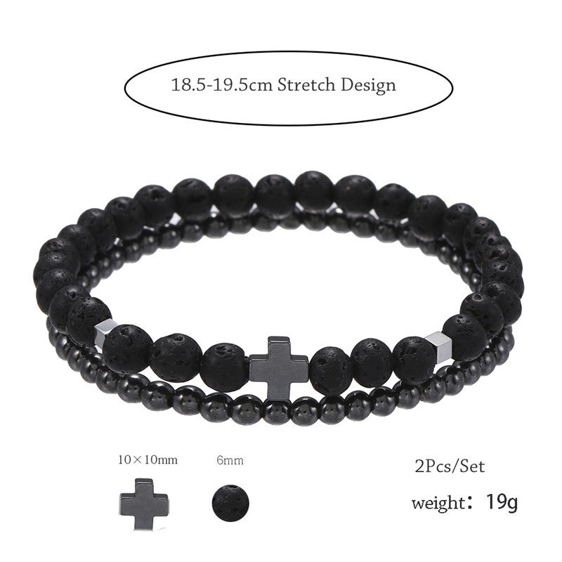 Fashion Geometric Hematite and Lava Stone Beaded Bracelet Set for Men and Women