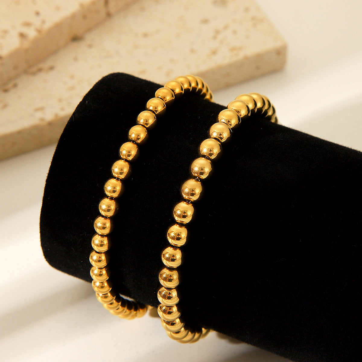 Minimalist 18K Gold Plated Stainless Steel Round Bead Chain Bracelet for Women Geometric Ball Link Jewelry