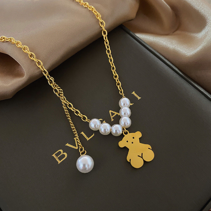 Hip-hop Gold Plated Titanium Steel Bear Pearl Necklace