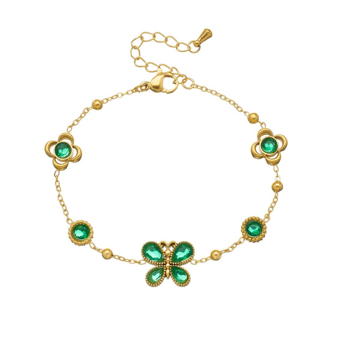 Gold Plated Stainless Steel Round Butterfly Flower Rhinestone Pendant Bracelet for Women