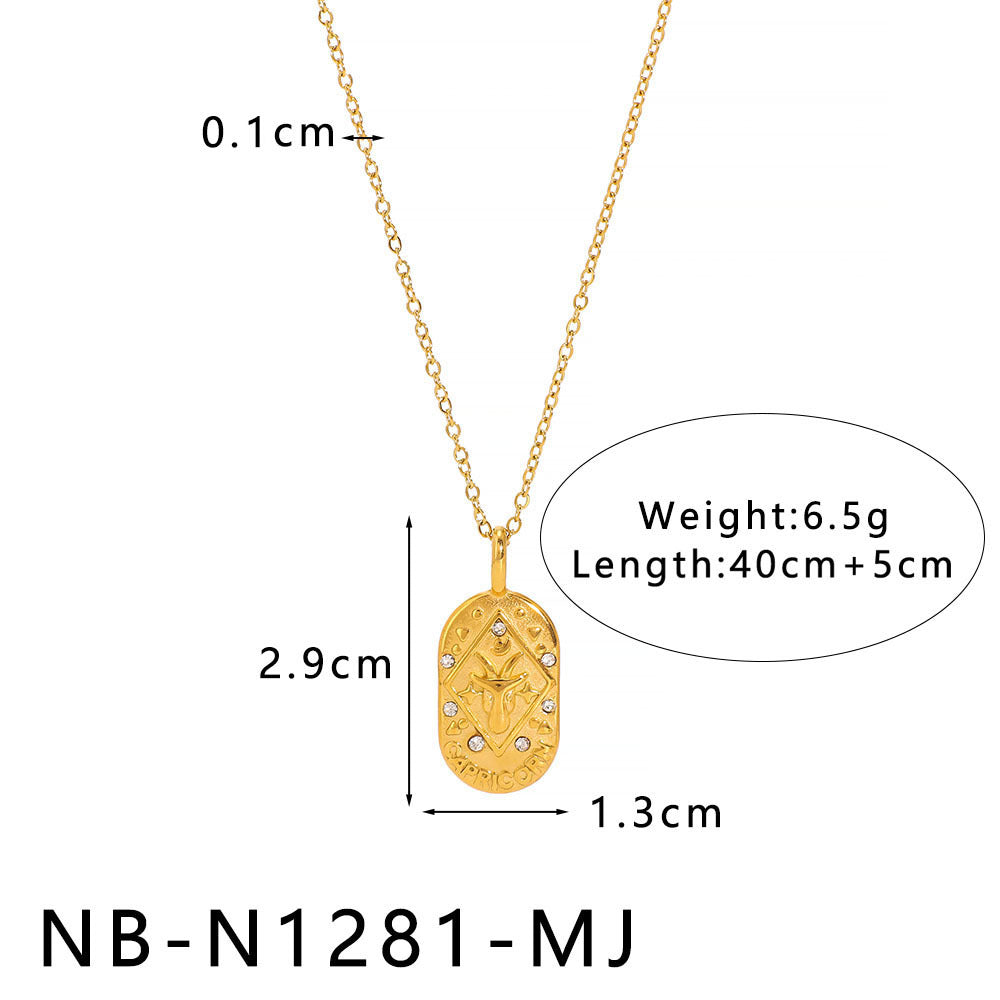 Minimalist Square Zodiac Pendant Necklace in Stainless Steel with Rhinestone Inlay and 18K Vacuum Plating for Women