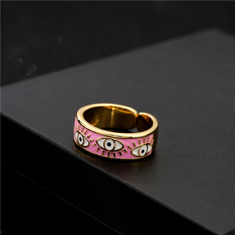 Anello aperto Occhio di Allah geometrico alla moda per donna con finitura smaltata in cinque colori e pavé di microzirconi