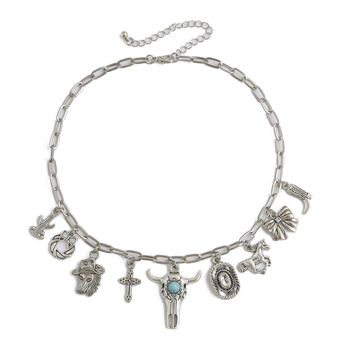 Vintage Geometric Alloy Body Chain with Turquoise Inlay Bull Head and Cowboy Hat Design Curb Chain for Women