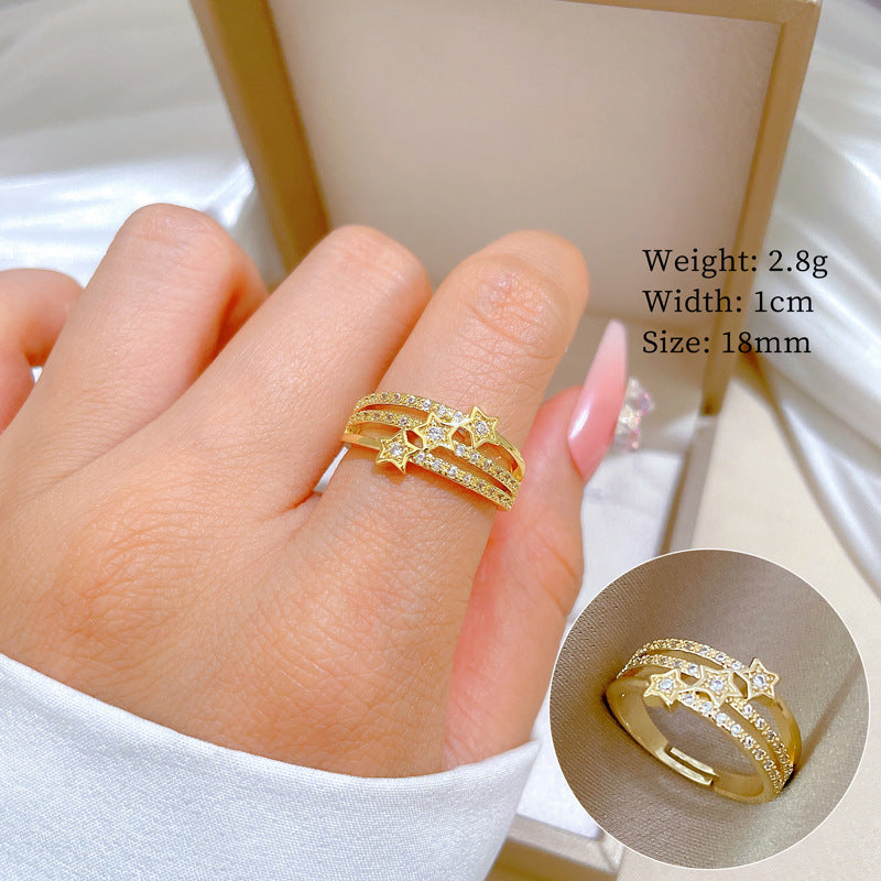 Minimalist Geometric Gold-Plated Brass Open Ring for Women with Crown Shape and Rhinestone Inlay