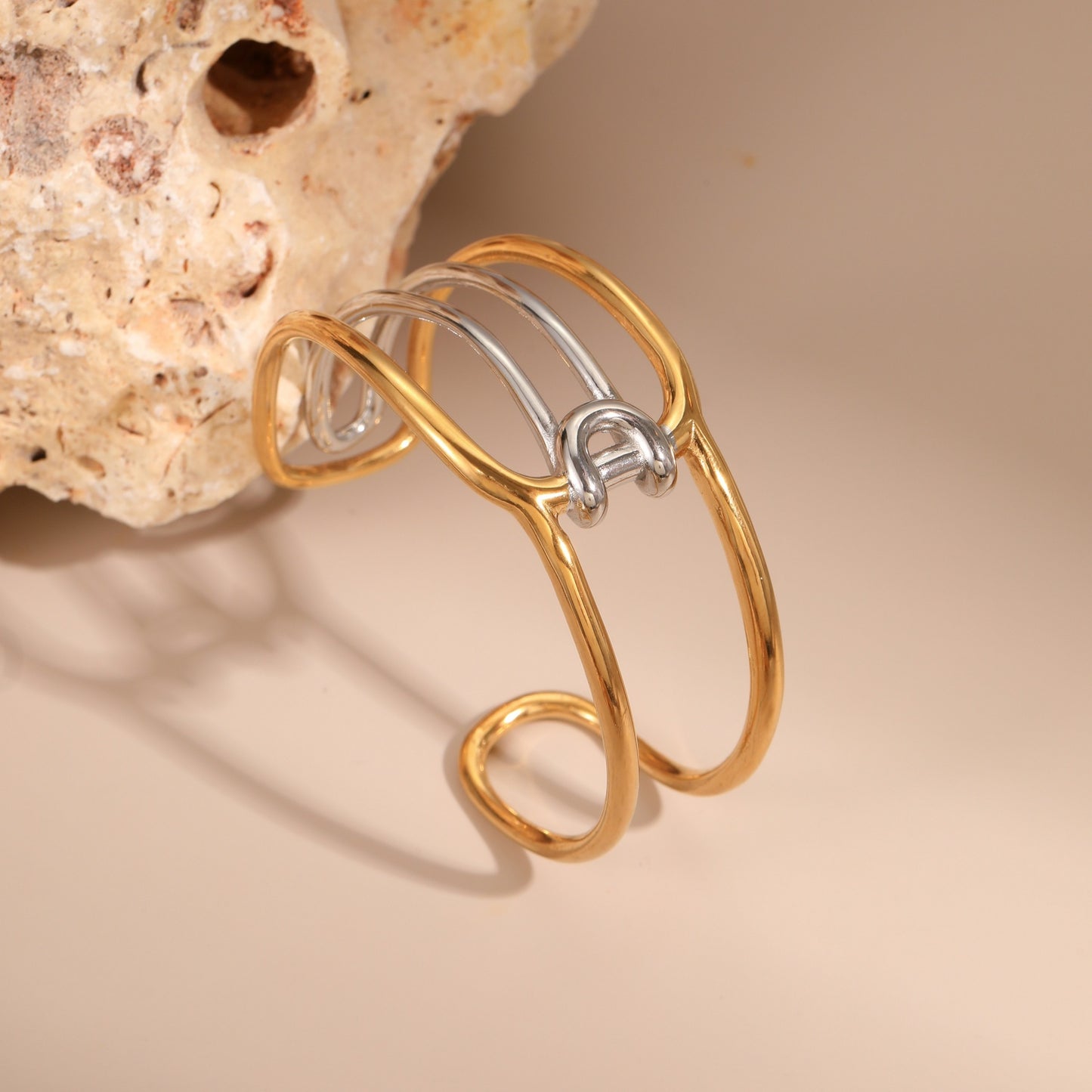 Pulsera de Acero Inoxidable Geométrica de Moda con Baño de Oro de 18K Brazalete Ajustable para Mujer