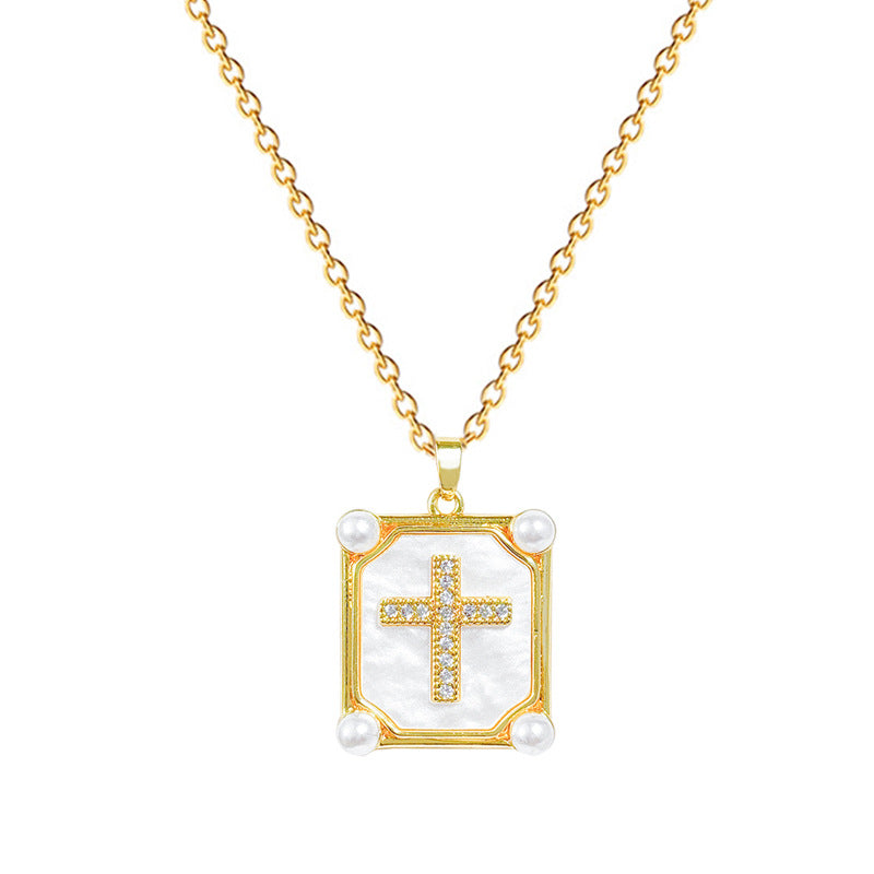 Elegante Collana con Ciondolo a Croce da Donna in Acciaio Inossidabile con Dettagli in Perle e Intarsi di Strass