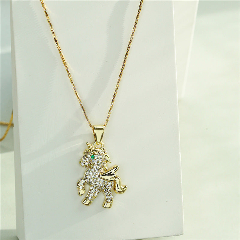 Geometric Brass Unicorn Pendant Necklace with Cubic Zirconia Inlay Gold Plated Box Chain