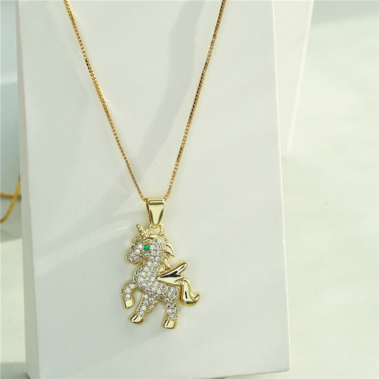 Geometric Brass Unicorn Pendant Necklace with Cubic Zirconia Inlay Gold Plated Box Chain